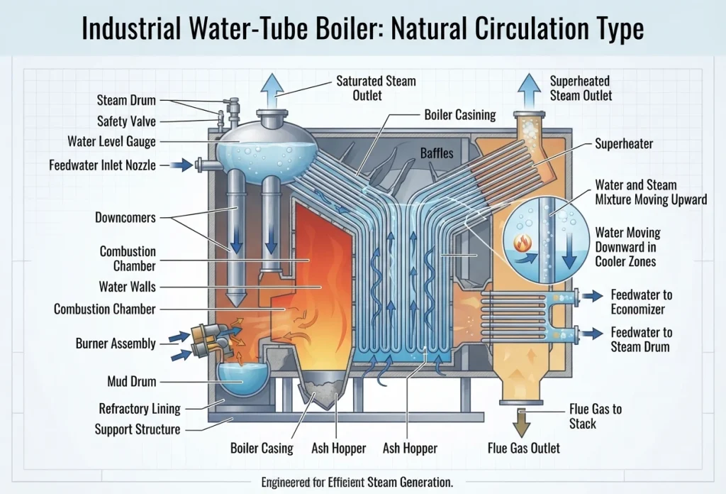 A picture showing the working process of Water-Tube Boilers