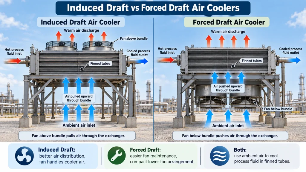 A picture showing the difference between a Forced Draft and Induced Draft air coolers