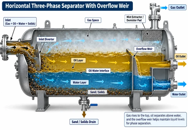 A picture showing how a Horizontal Three-Phase Separator With Overflow Weir works