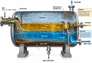 Horizontal Three-Phase Separator with Oil Bucket and Water Weir