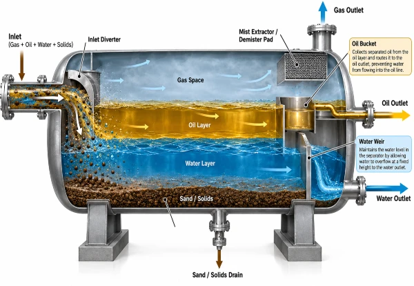 Horizontal Three-Phase Separator with Oil Bucket and Water Weir