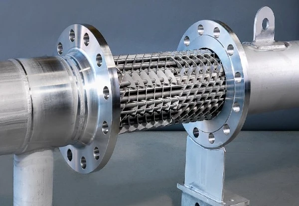 Image shows a static mixer heat exchanger (often referred to generically or commercially as a mix-exchanger or heat exchanger static mixer