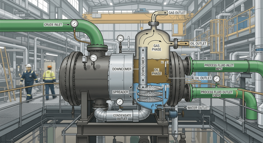 Vertical 3-Phase Separator with A Downcomer and Spreader