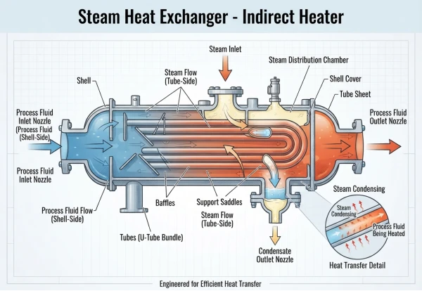 A diagram showing a Steam Heat Exchanger - Indirect Heater