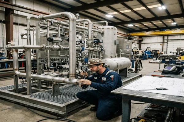 Fabricator inspecting a Skid-Mounted Units