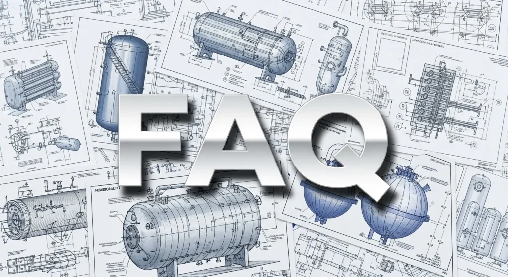 A picture of blueprint with pressure vessels overlaid with the wording "FAQ"