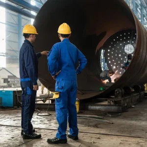 Two men standing in front of a shell of a pressure vessel in fabrication