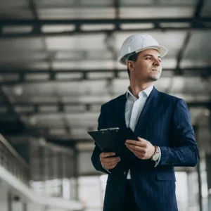 Inspector with hard hat, clipboard