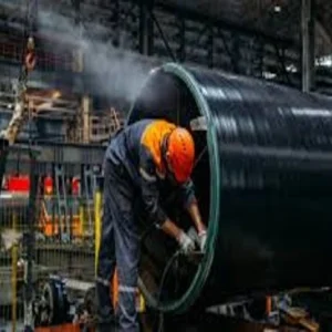 Picture for Certificates of Authorization. It's of a Welder grinding on side of pressure vessel shell